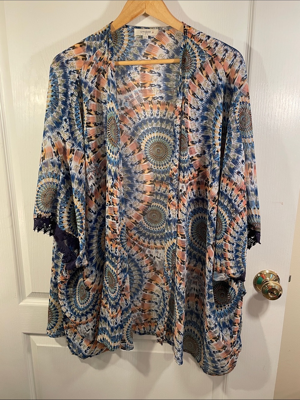 Open Front Printed Kimono Coverup - Blue, Peach, Cream